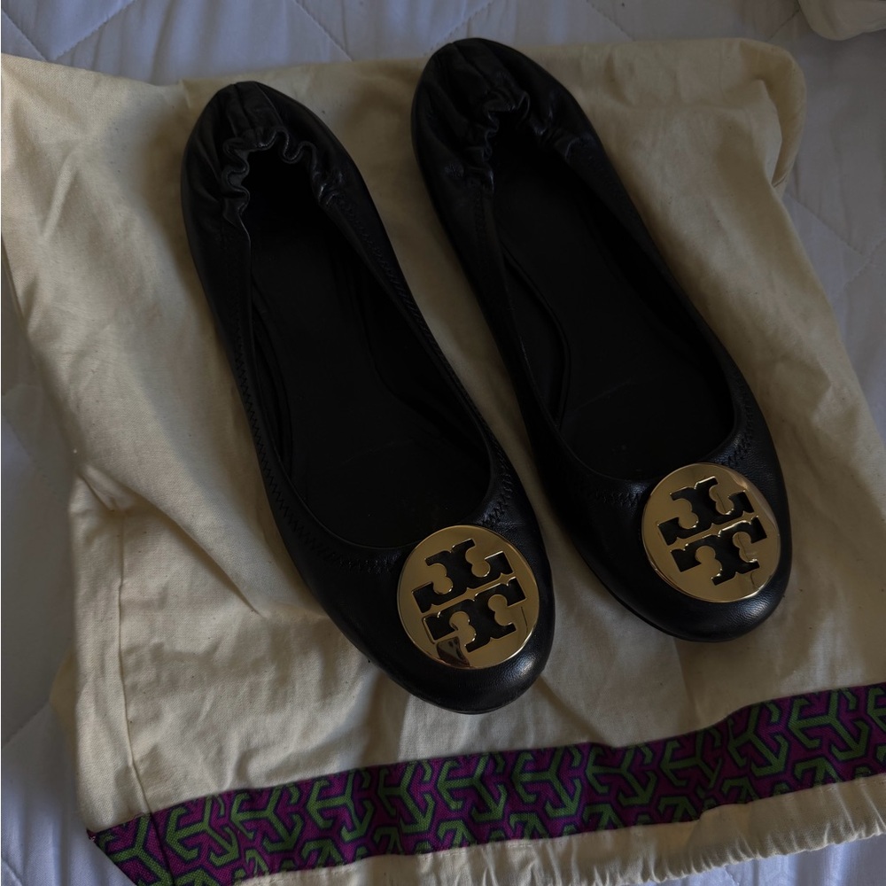 Tory Burch Black Flats with Gold Emblem